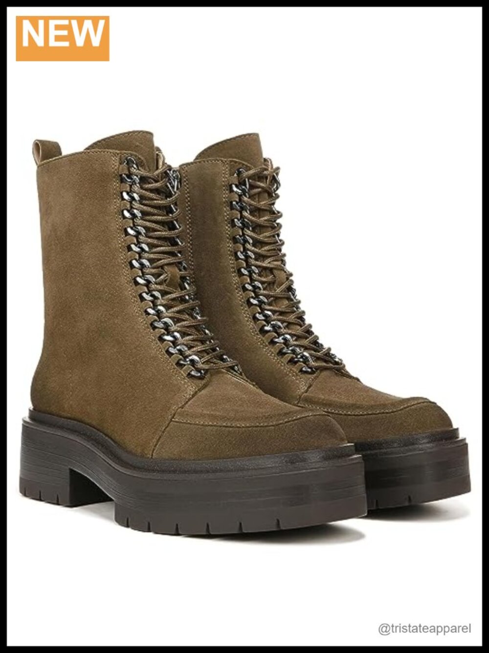 Leather Combat Ankle Boots with Block Heel, Square Toe, Zip and Lace-Up